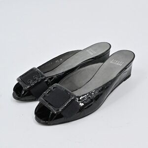 Stuart Weitzman Peep Toe Wedges Womens Sz 6.5 Black Patent Croc Embossed Slip On